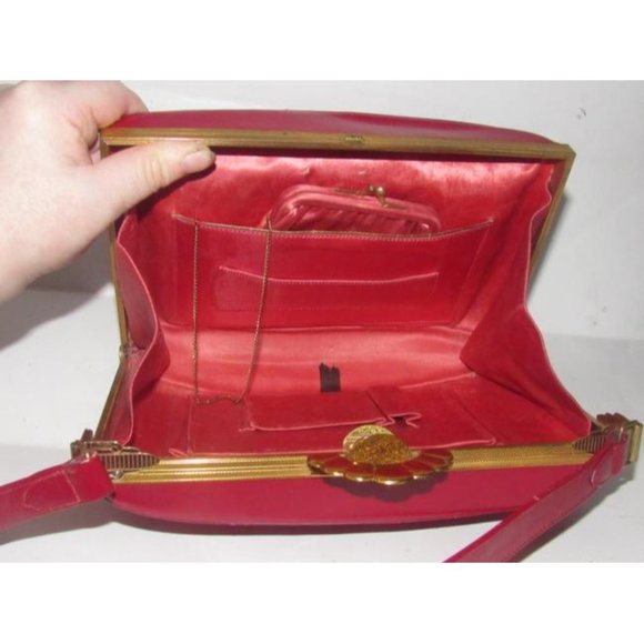 Evans Vintage True Red Leather Satchel Engraved Gold Frame - Picture 11 of 12